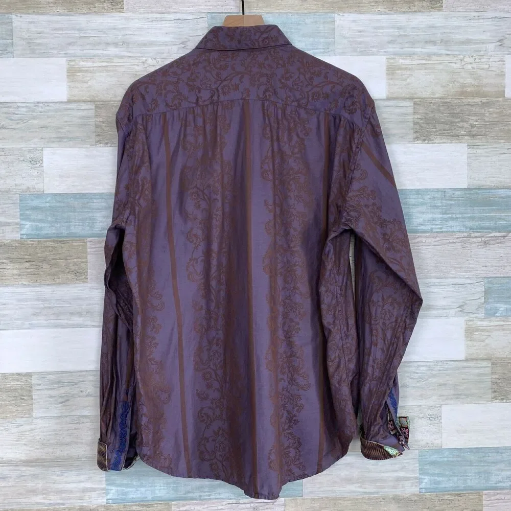 Robert Graham Floral Jacquard Flip Cuff Shirt Purple Silk Embroidered Mens Large